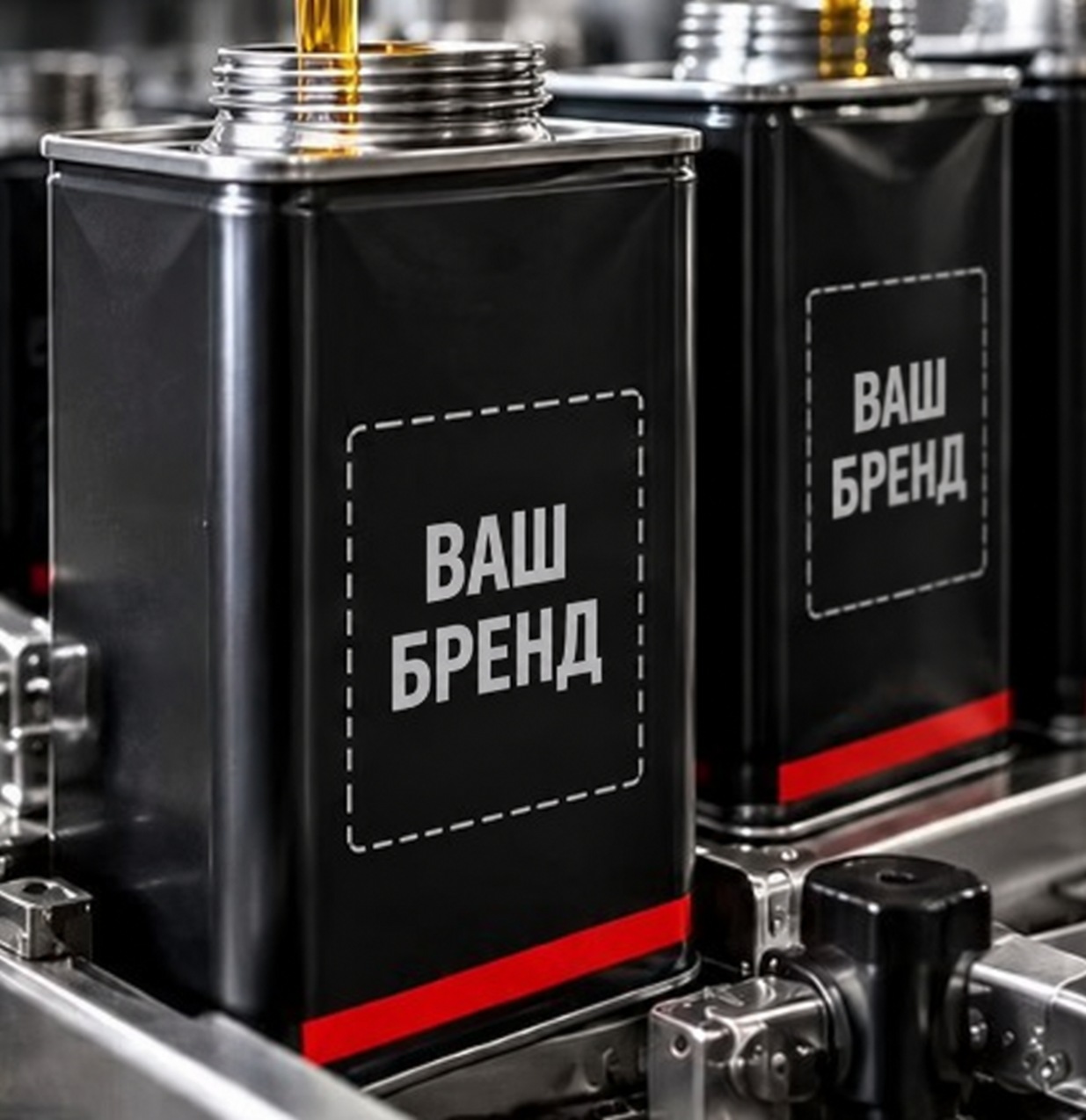 Канистры с надписью «Ваш бренд» на линии розлива